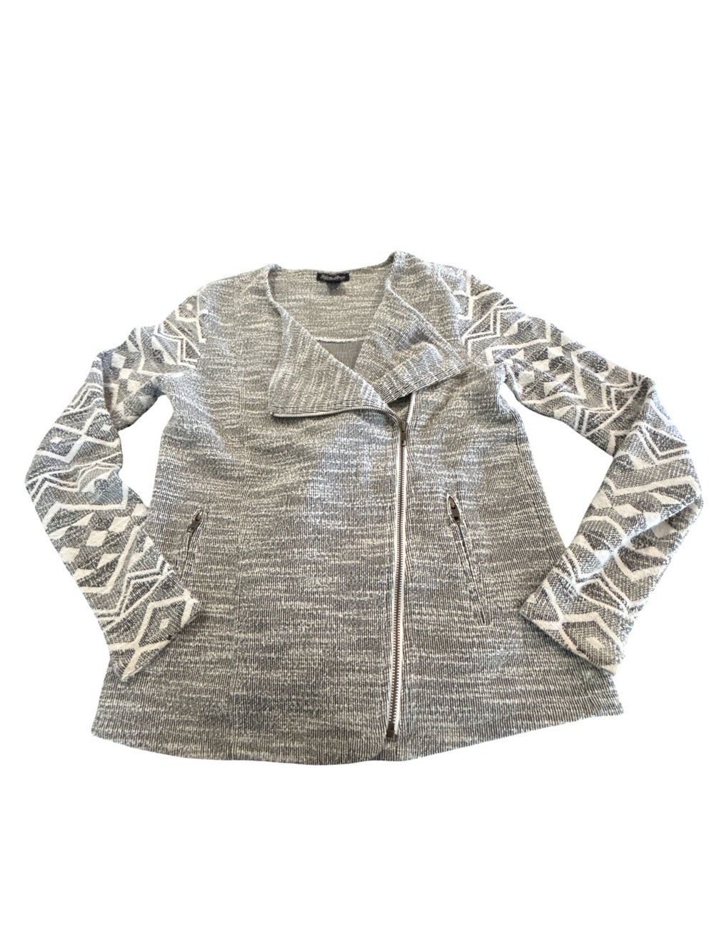 Lucky Brand Grey Geometric Fair Isle Asymmetric Zip Moto Knit Jacket Cardigan M